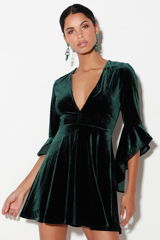 Wrapped in Luxe Forest Green Velvet Bell Sleeve Skater Dress 6