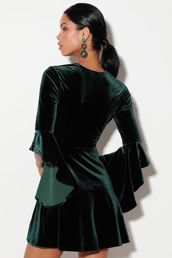 Wrapped in Luxe Forest Green Velvet Bell Sleeve Skater Dress 8