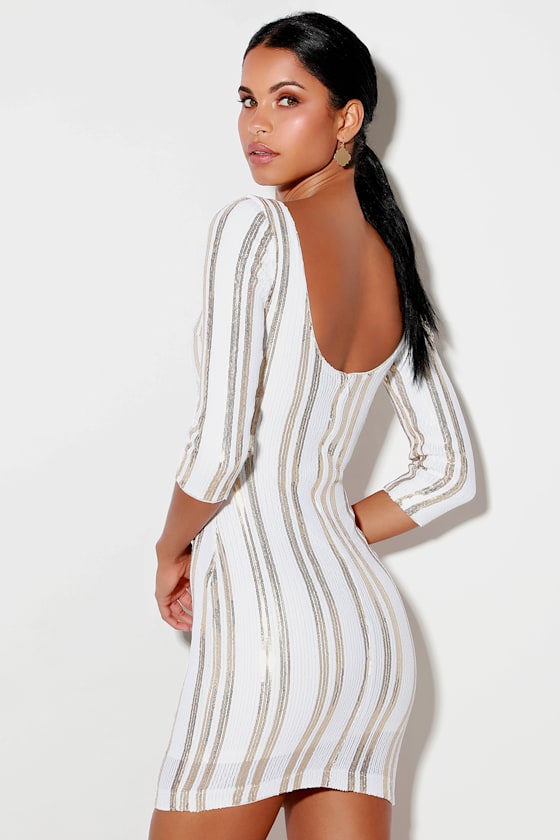 Standing Ovation White and Gold Sequin Striped Bodycon Dress 4
