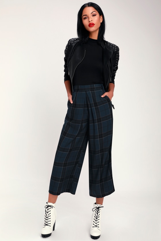 navy blue plaid pants womens