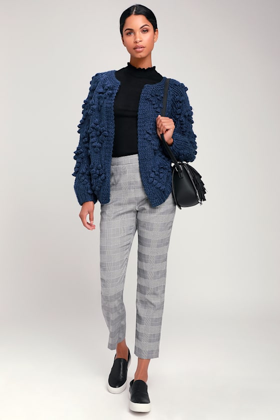 Haille Navy Blue Knit Pom Pom Cardigan Sweater 3