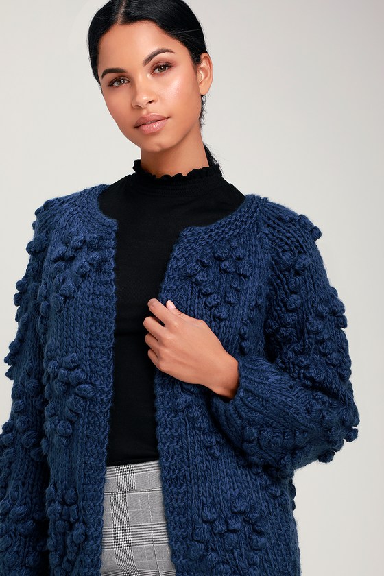 Haille Navy Blue Knit Pom Pom Cardigan Sweater