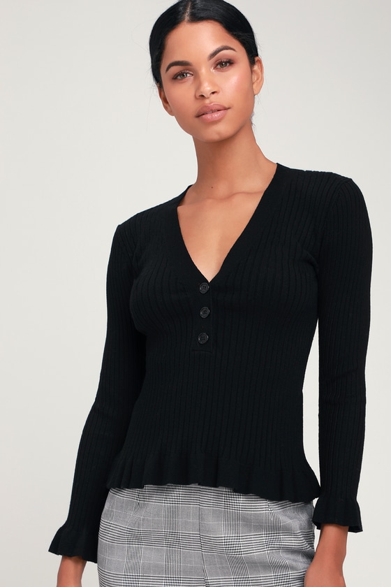 Cute Black Sweater Top - Ruffled Sweater - Ribbed Sweater - Lulus