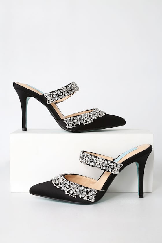 Elina Black Satin Rhinestone Pointed-Toe Mules 1