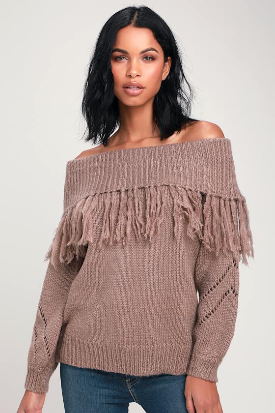 Tuolumne Taupe Fringe Off-the-Shoulder Sweater 1
