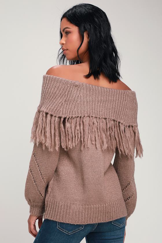 Tuolumne Taupe Fringe Off-the-Shoulder Sweater 2