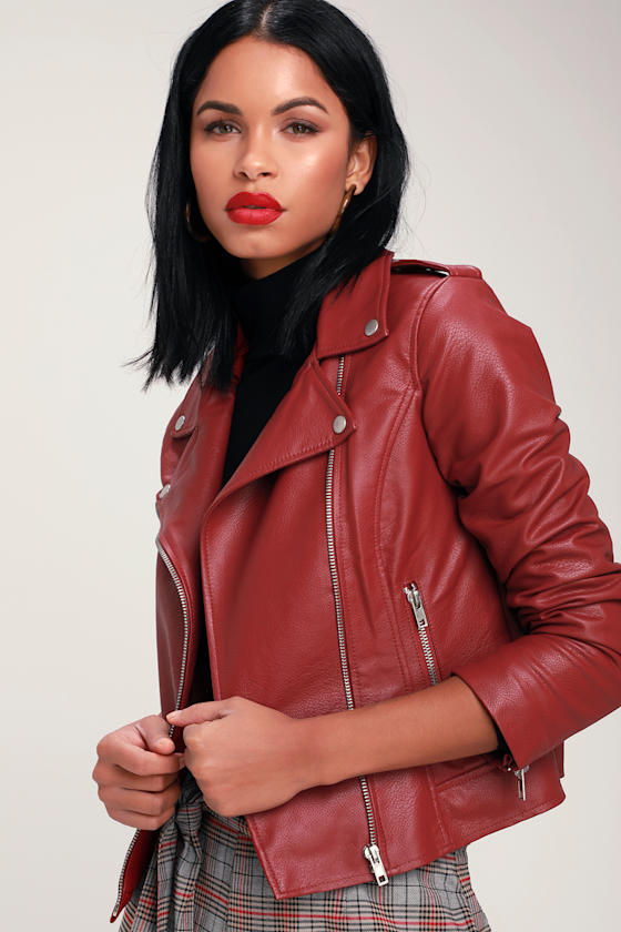Just Ride Brick Red Vegan Leather Moto Jacket 3