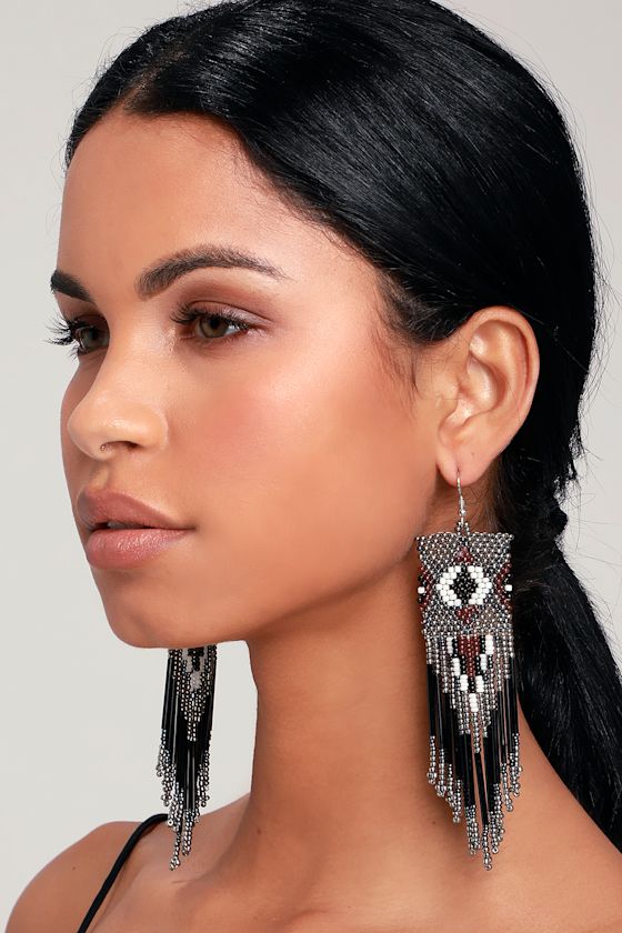 Boho Black Earrings Beaded Earrings Tassel Earrings Lulus