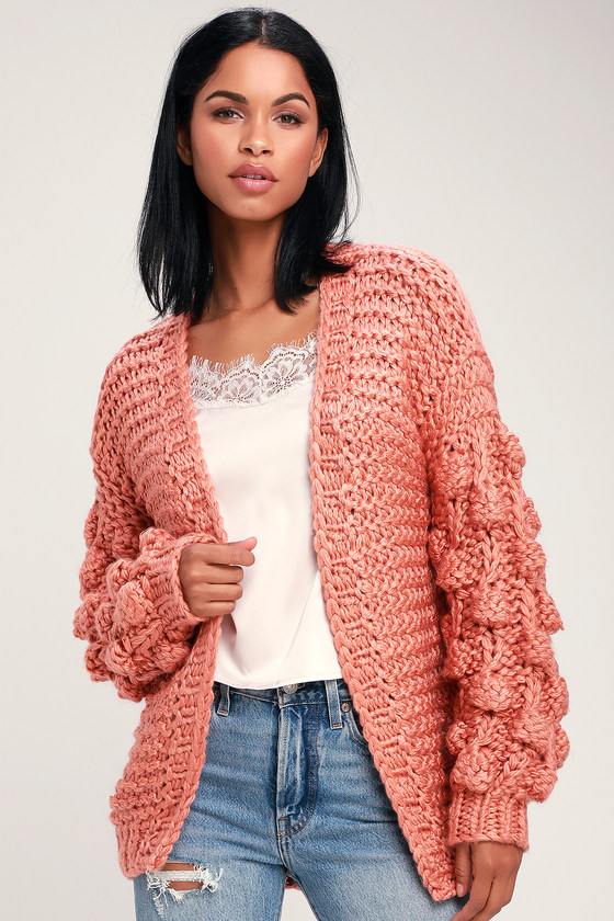 Breanna Rusty Rose Pom Pom Knit Cardigan Sweater
