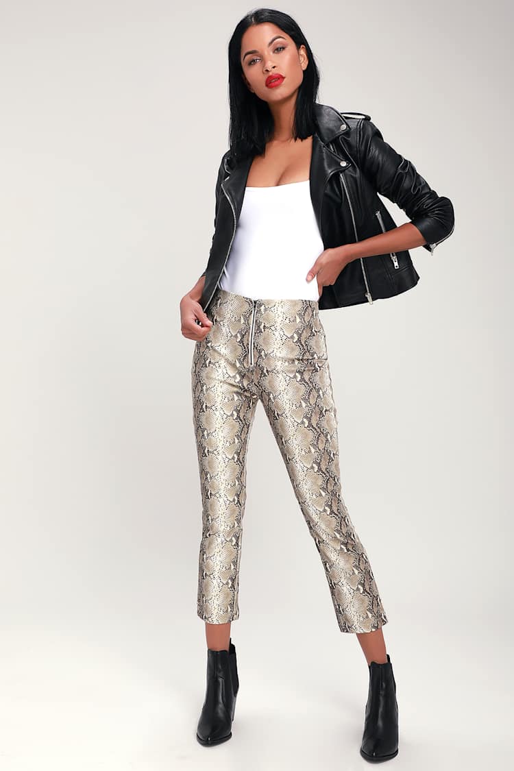 Tan Snake Print Faux Leather Pants