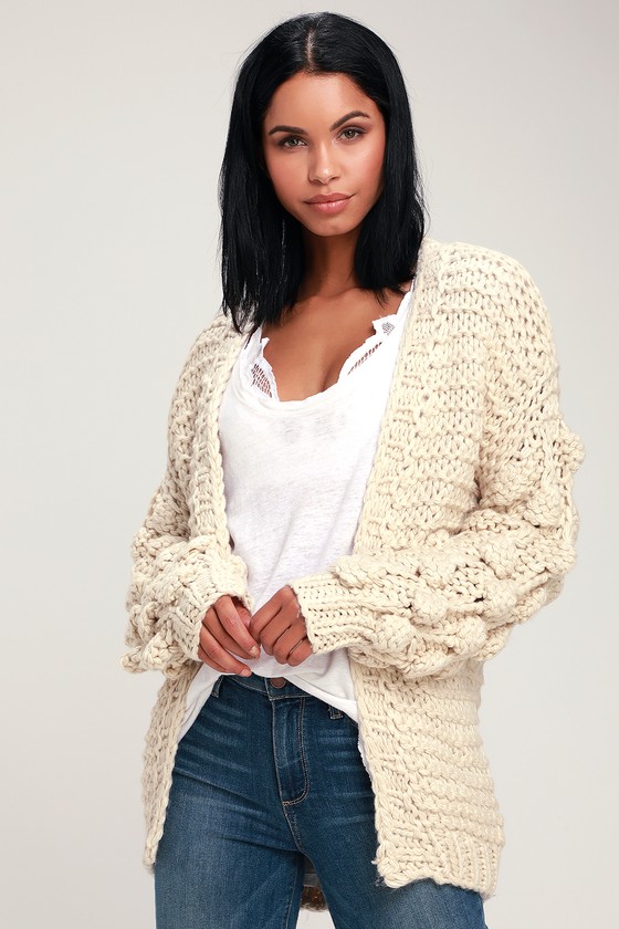 Cuddly Ivory Sweater - Cardigan Sweater - Pom Pom Sweater - Lulus