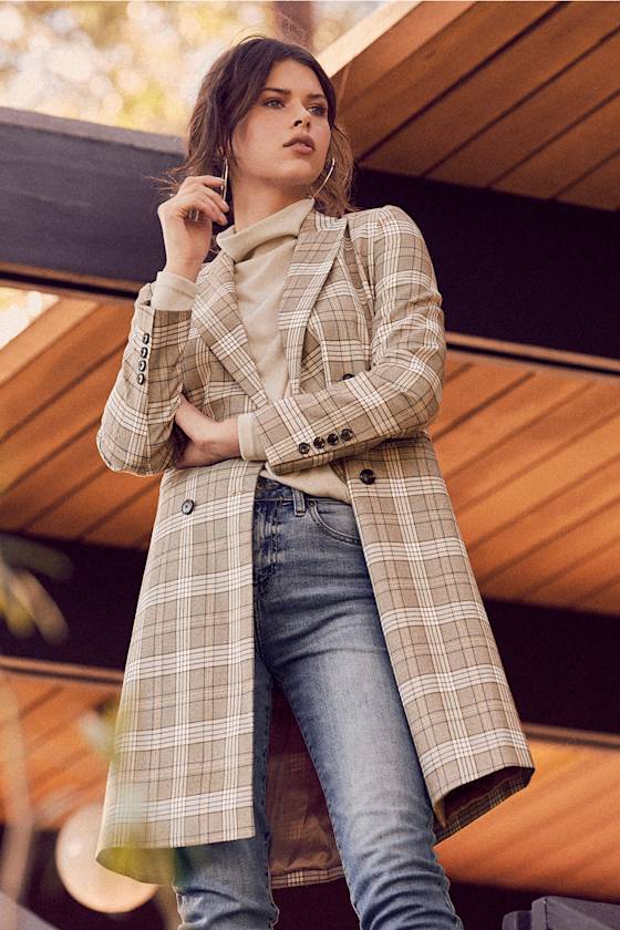 Chic Coat Plaid Coat Classic Coat Tan and White Plaid Coat Lulus