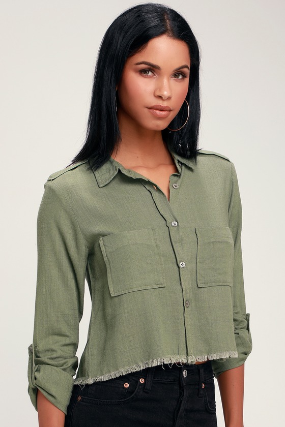 Cute Olive Green Top - Button-Up Top - Crop Top - Raw Hem Top - Lulus