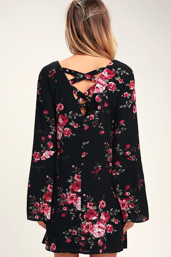 Ever Enchanting Black Floral Print Long Sleeve Shift Dress 2