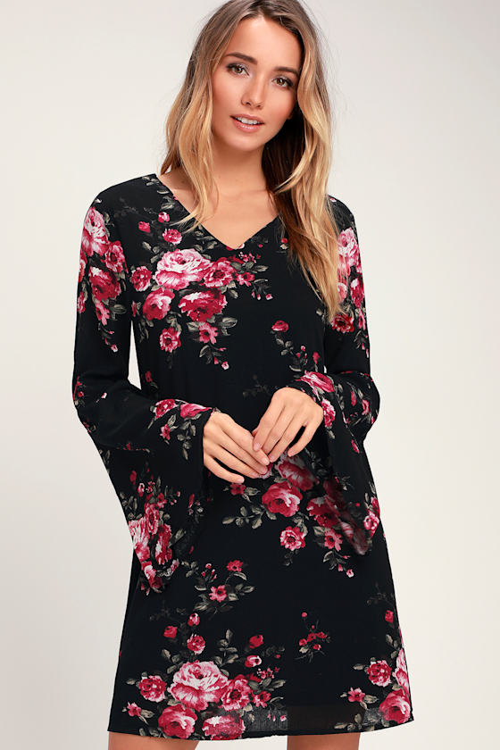 Ever Enchanting Black Floral Print Long Sleeve Shift Dress 5
