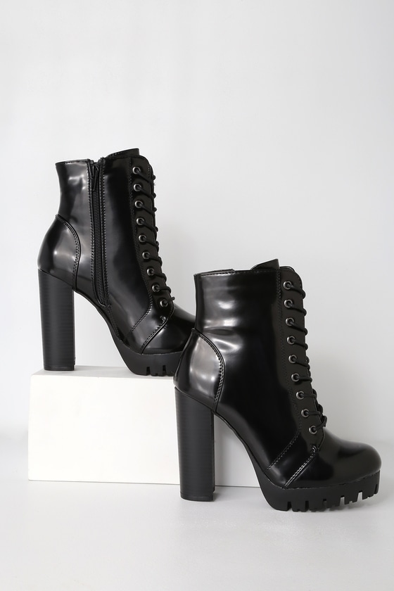black patent lace up boot