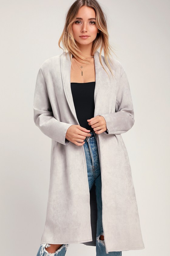 Chic Grey Jacket - Vegan Suede Jacket - Long Jacket - Grey Jacket - Lulus