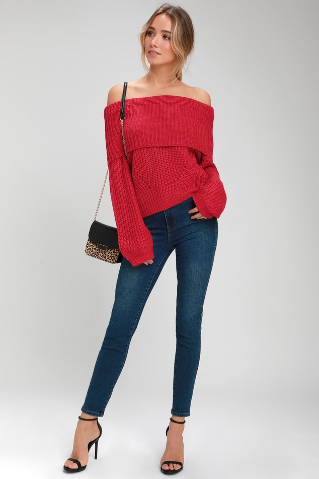 Carmichael Red Off-the-Shoulder Knit Sweater
