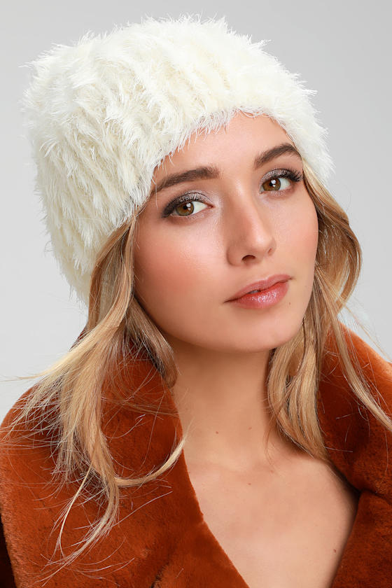 Cute Ivory Beanie Fuzzy Beanie Eyelash Knit Beanie Lulus