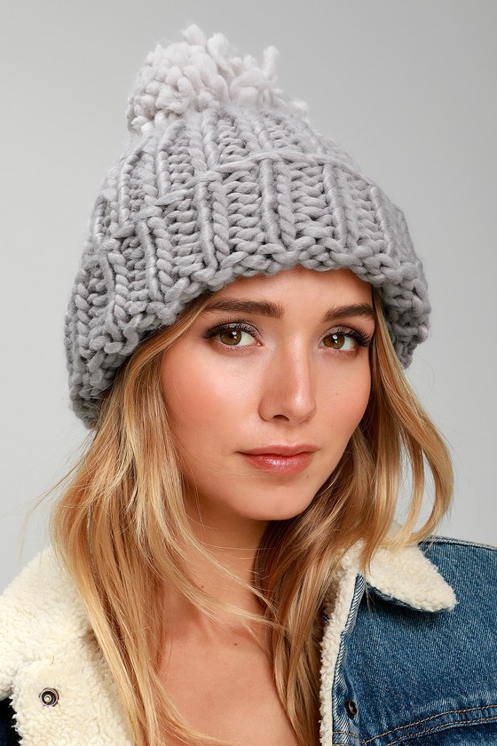Cuddly Grey Beanie Knit Beanie Pom Pom Beanie Hat Lulus