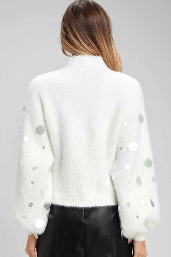 Arminta White Fuzzy Sequin Balloon Sleeve Sweater 2