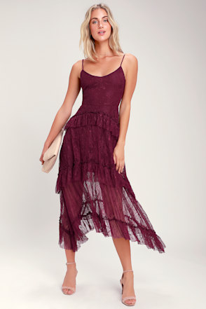 lulus remarkable burgundy lace dress Cute - Lace Midi Dress - Ruffle Lace Dress Knit lining creates a