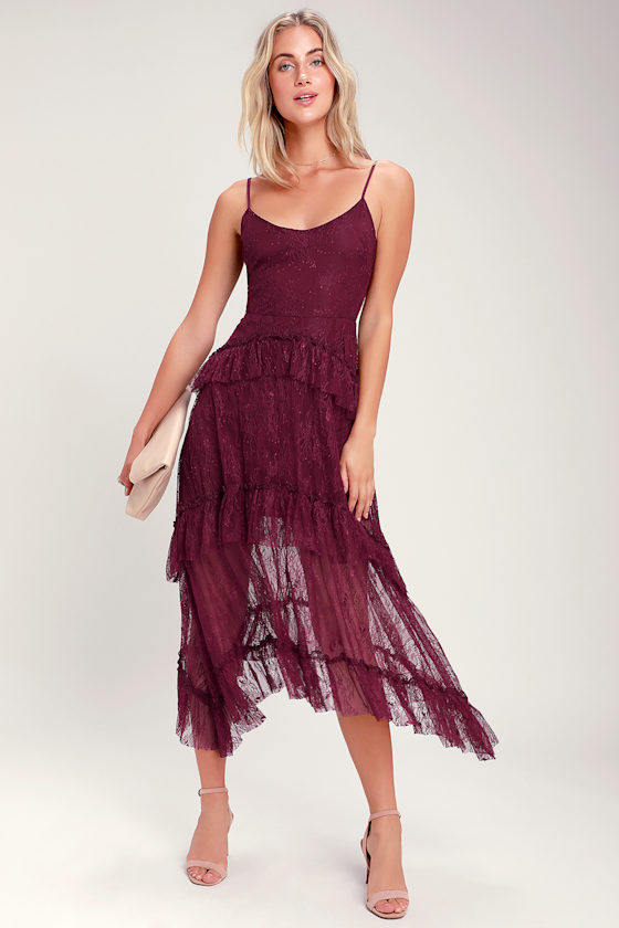 Wonderfully Whimsical Burgundy Lace Ruffled Midi Dress 5