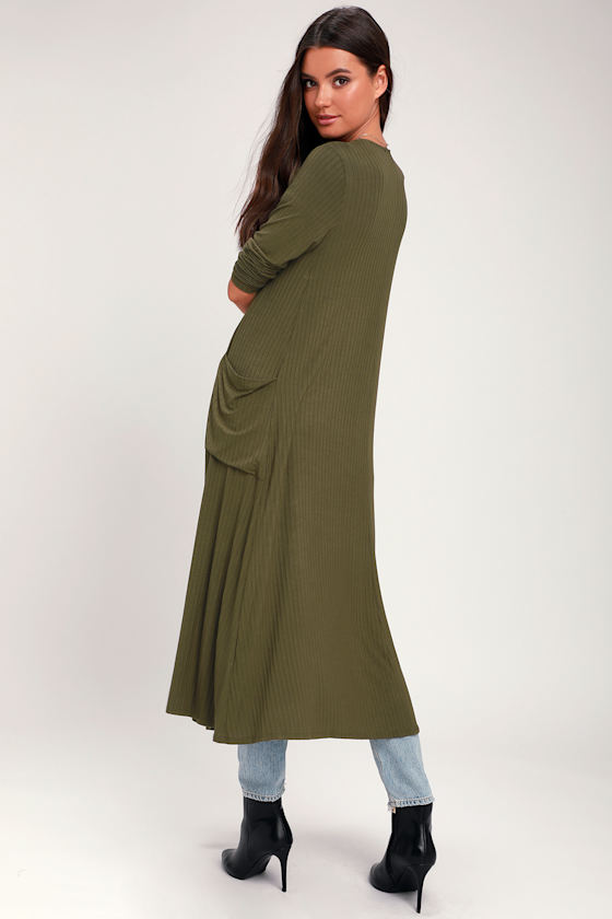 Brody Olive Green Ribbed Duster Cardigan Sweater 4