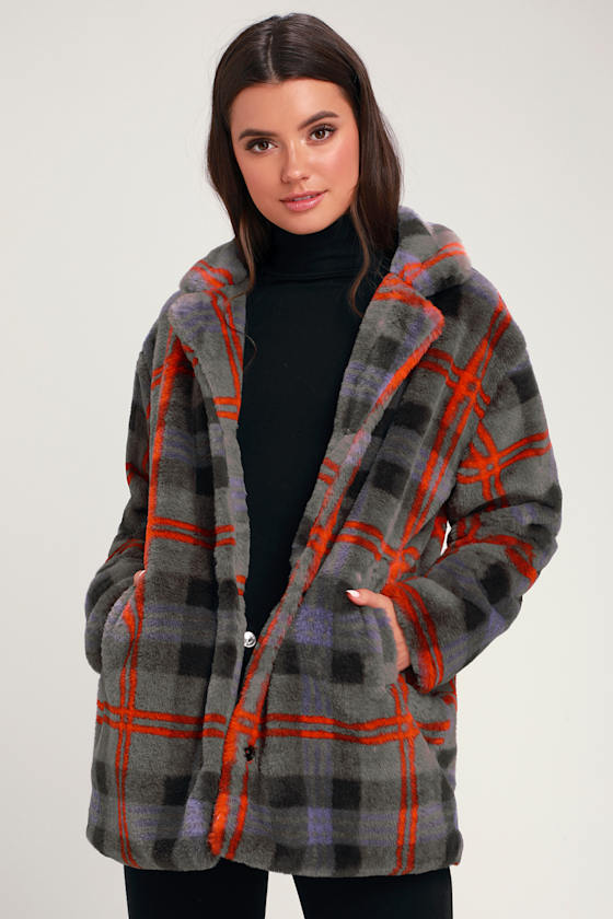 Chic Grey Plaid Coat Plaid Faux Fur Coat Fuzzy Plaid Coat Lulus