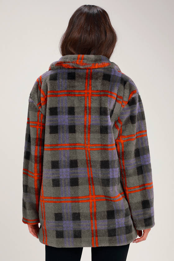 Make A Statement Grey Plaid Faux Fur Coat 5