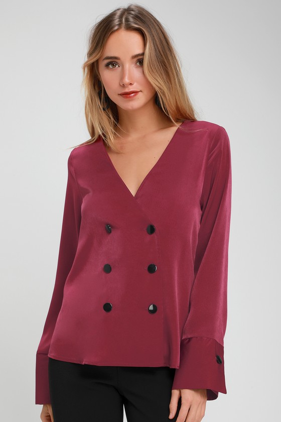 Wine Red Top - Satin Top - Long Sleeve Top - Double Breasted Top - Lulus