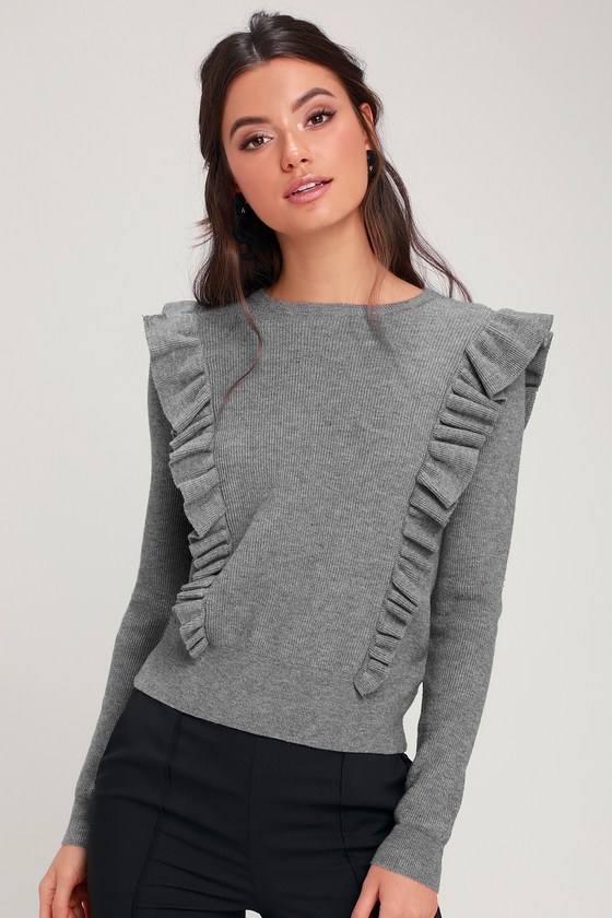 Cute Heather Grey Top - Ruffled Top - Sweater Top - Ribbed Top - Lulus