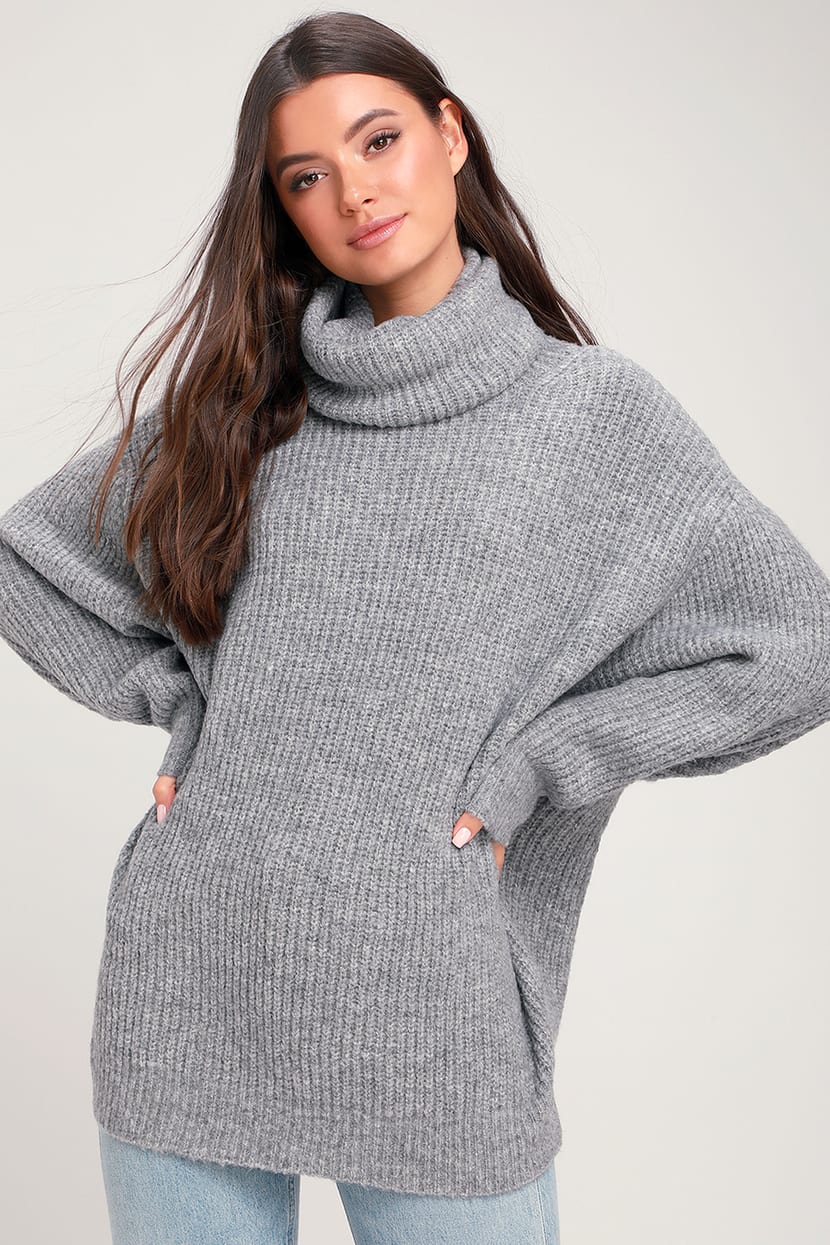 Chic Grey Knit Sweater - Oversized Sweater - Turtleneck Sweater - Lulus