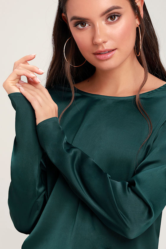 Jazlyn Dark Teal Green Satin Long Sleeve Top 3