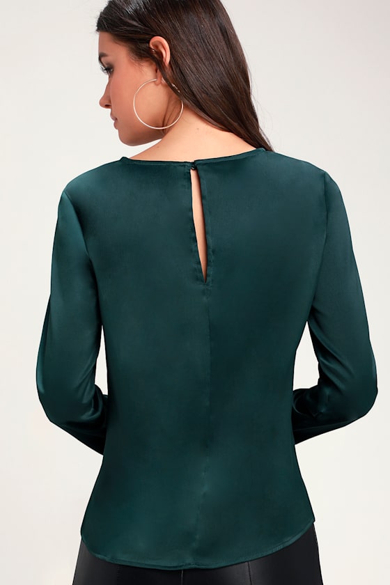 Jazlyn Dark Teal Green Satin Long Sleeve Top 5