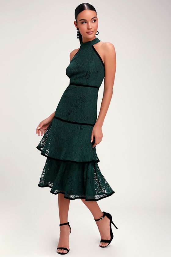 Wilshire Forest Green Lace Halter Midi Dress 1