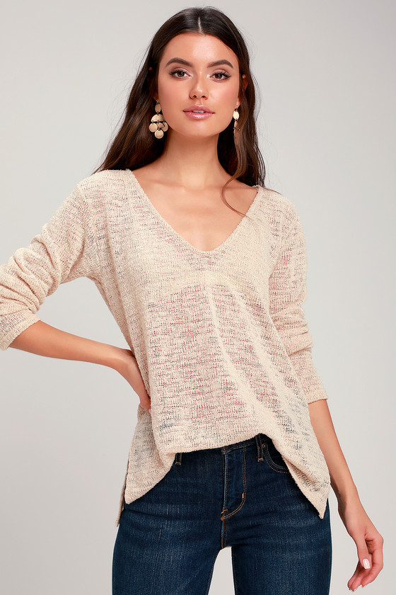 Cute Beige Top Sweater Top Loose Knit Top VNeck Top Lulus