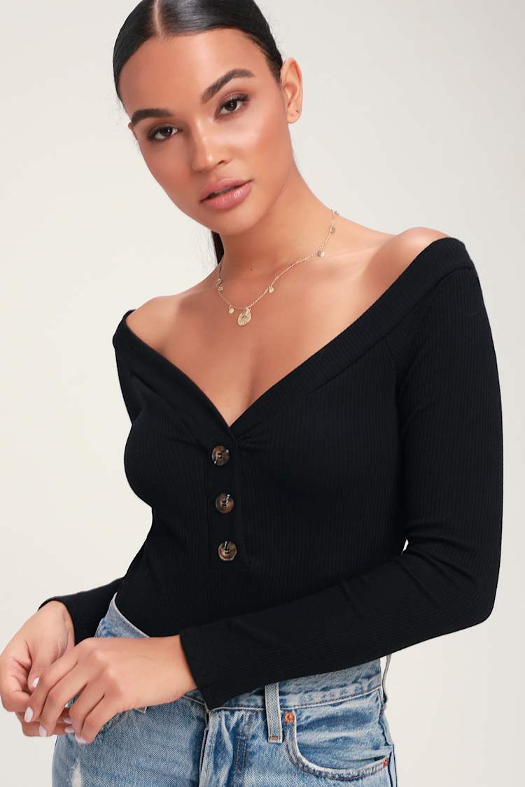 Lilyth Black Ribbed Long Sleeve Off-the-Shoulder Bodysuit