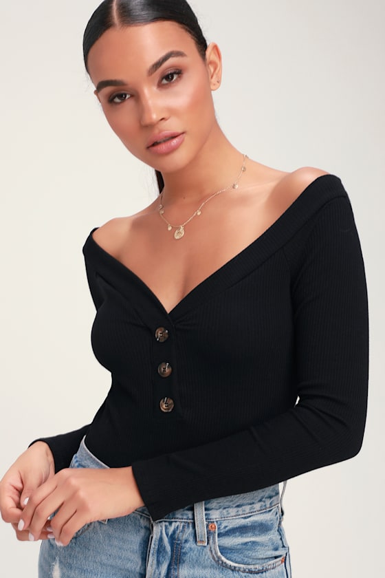 Lilyth Black Ribbed Long Sleeve Off-the-Shoulder Bodysuit 3