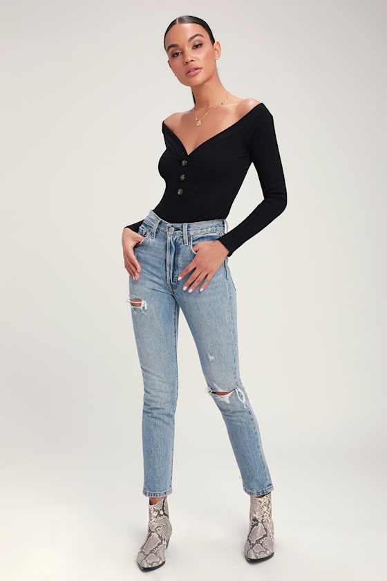 Lilyth Black Ribbed Long Sleeve Off-the-Shoulder Bodysuit 2