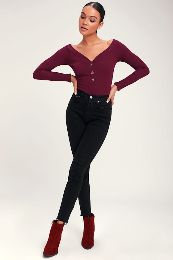 Lilyth Burgundy Ribbed Long Sleeve Off-the-Shoulder Bodysuit 2