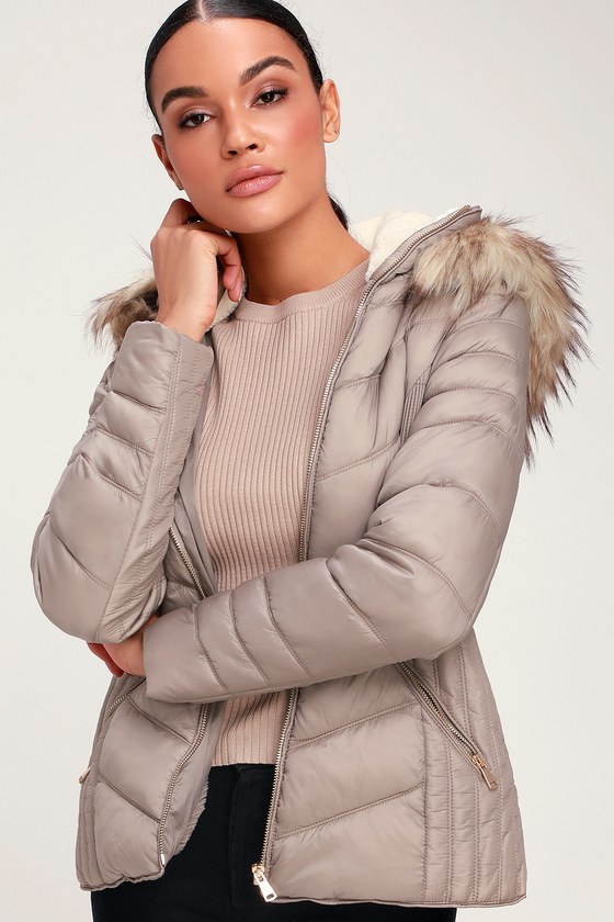 Cute Puffer Jacket - Taupe Jacket - Faux Fur Hooded Jacket - Lulus