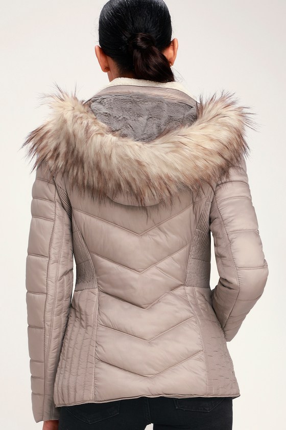 cream puffer jacket with fur hood