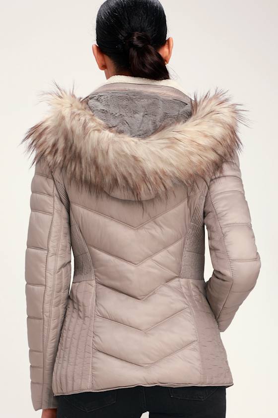 Cute Puffer Jacket Taupe Jacket Faux Fur Hooded Jacket Lulus
