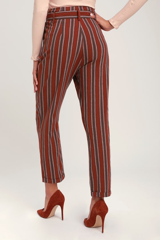 Cute Brick Red Pants - Striped Pants - Woven Pants - Belted Pants