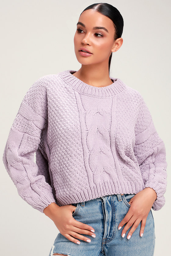 Adorable One Lavender Chenille Cropped Cable Knit Sweater