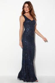 Dramatic Entrance Navy Blue Sequin Maxi Dress