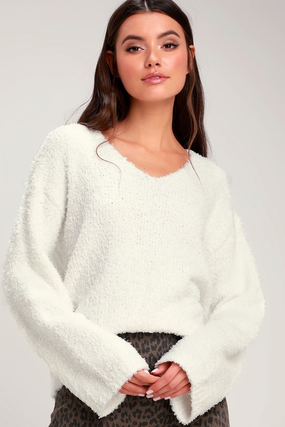 Cute Fuzzy Sweater - White Sweater - Bell Sleeve Sweater - Lulus