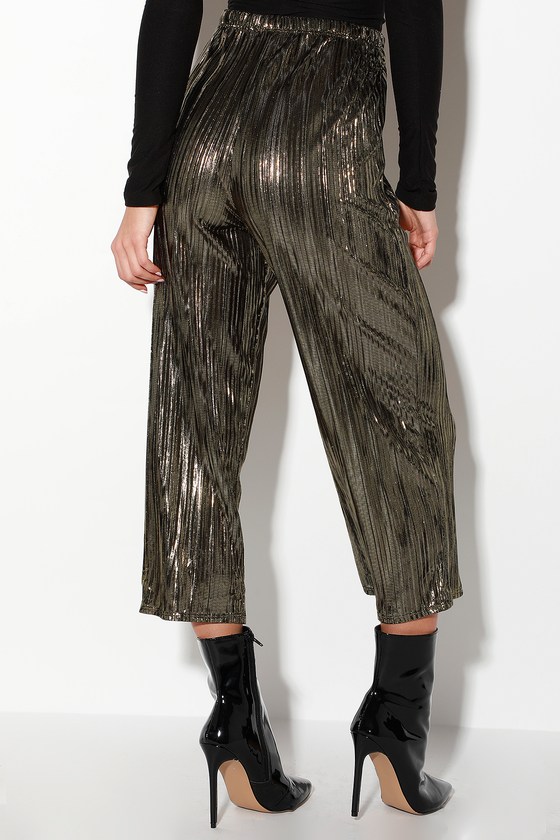 Metallic Gold Pants - Gold Pleated Culottes - Gold Pleated Pants