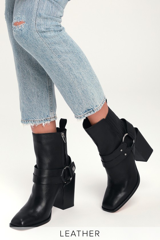 black high heel mid calf boots
